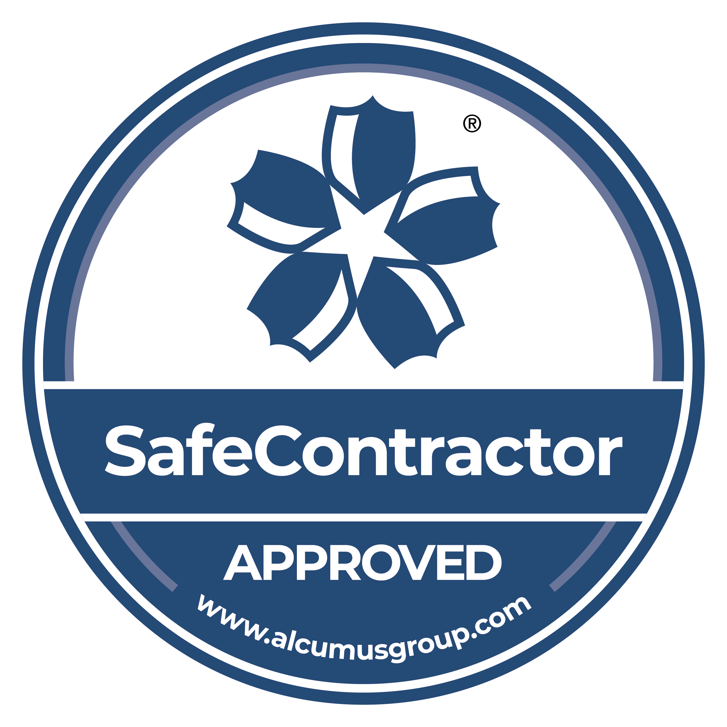 SafeContractor Approved badge with Alcumus Group logo.
