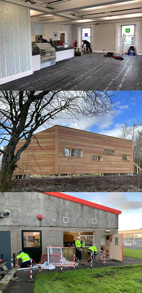 Interior renovation, new wooden building, exterior construction work.