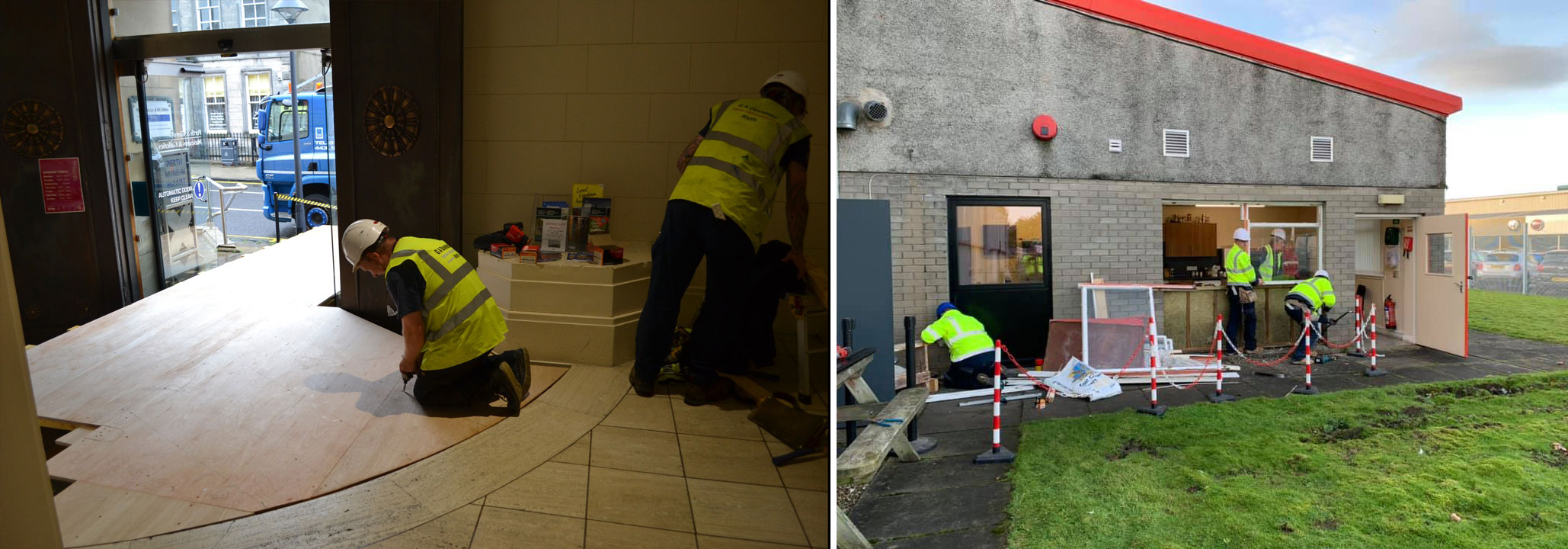 Workers installing flooring indoors and refurbishing building entrance.