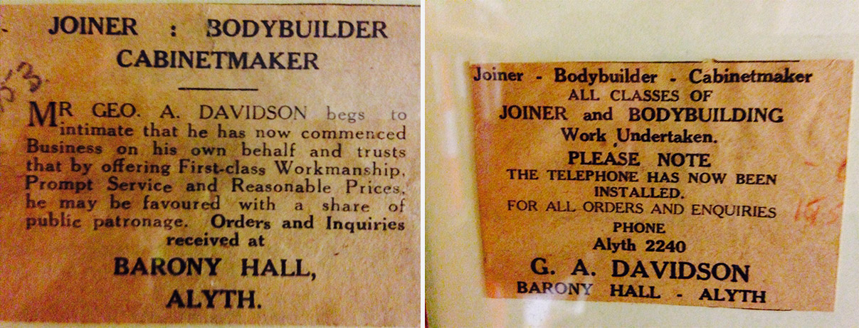 Vintage advertisement for joinery and cabinet making services.