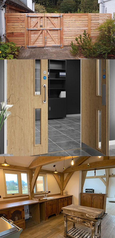 a wooden garden gate and fence, an accessible interior wooden door and a rustic kitchen with exposed beams.