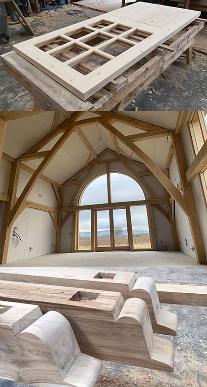 Carpentry: Window frames and bespoke wooden arch construction.